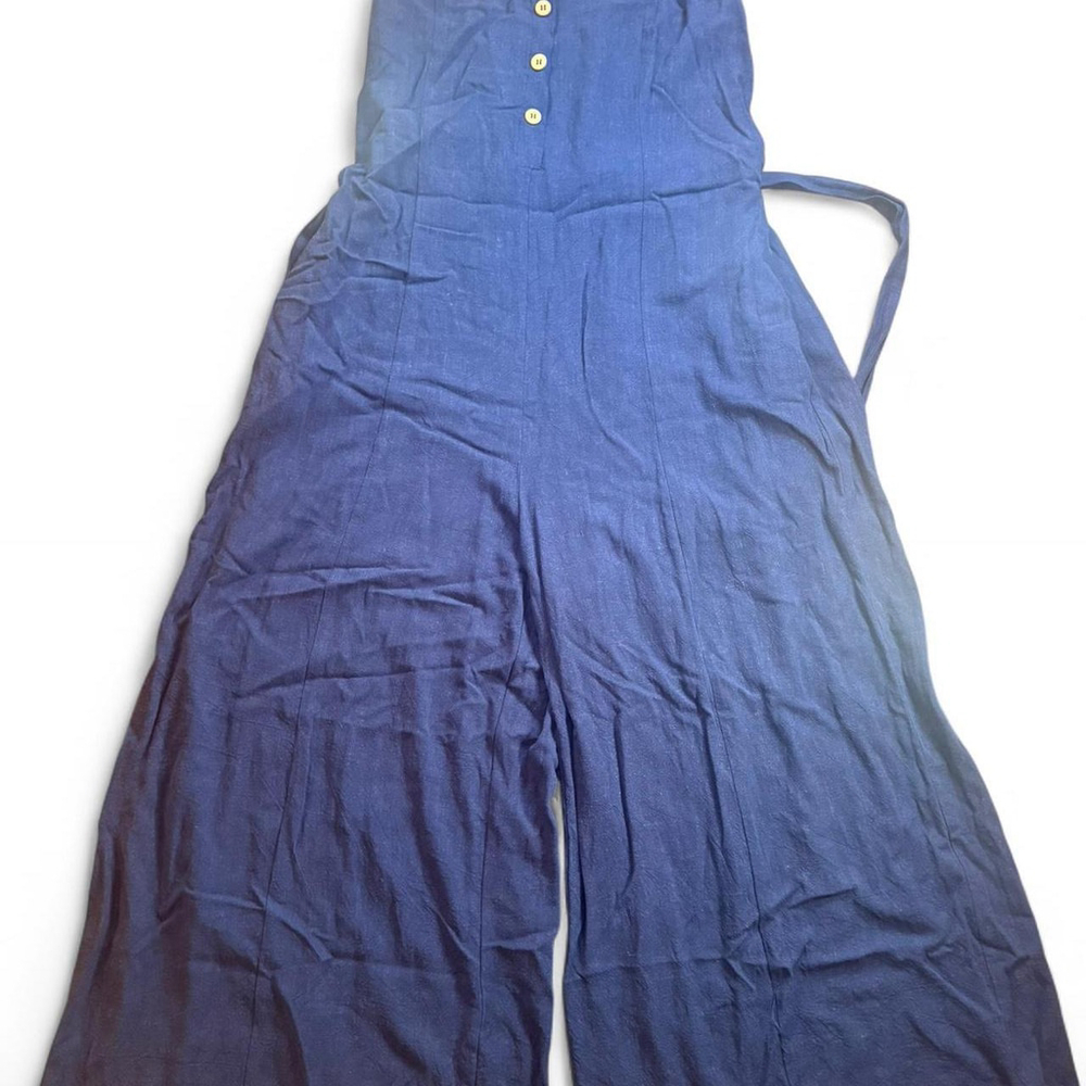 Blue linen wide leg jumpsuit with adjustable straps size large